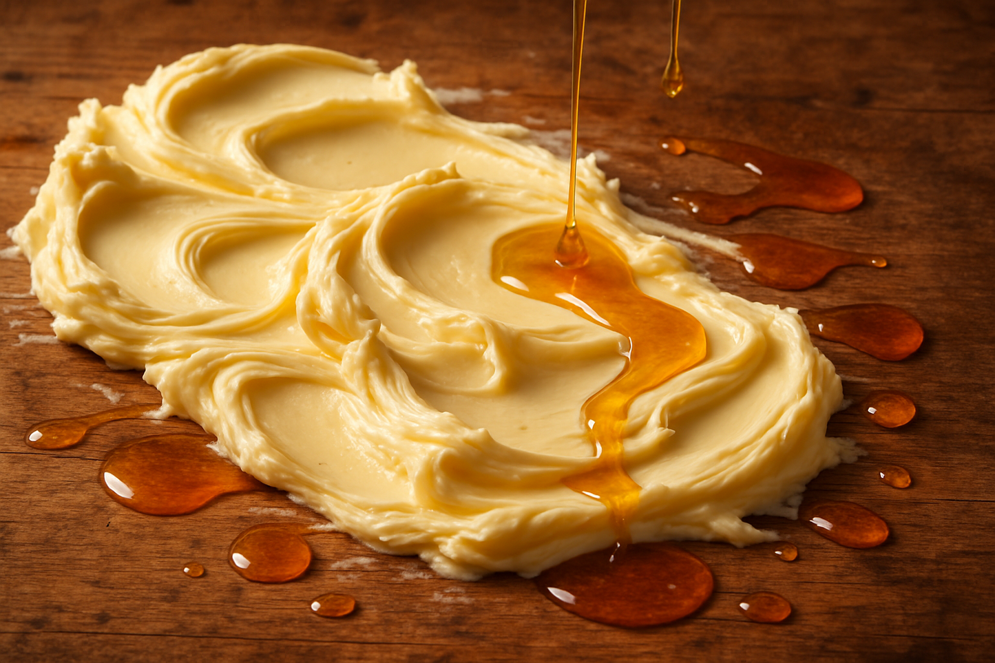 creamy butter smeared on table with honey dripping near by