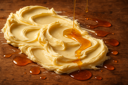 creamy butter smeared on table with honey dripping near by